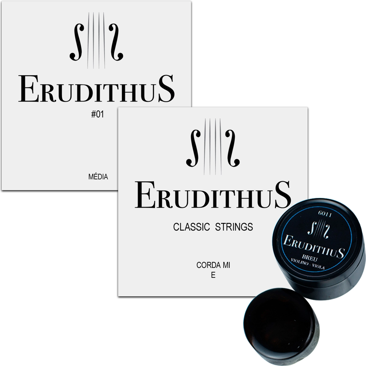 Imagem do produto Kit Encordoamento Violino Erudithus #01 4/4 / Breu Erudithus / Corda Mi